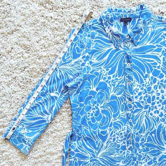 Talbots Blue and White Floral Stretch Shirtdress, Size Large - Picture 9 of 13